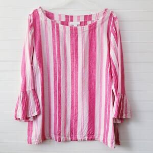 Charter Club Linen Top XL Pink Stripe 3/4 Ruffle Sleeve Beachy